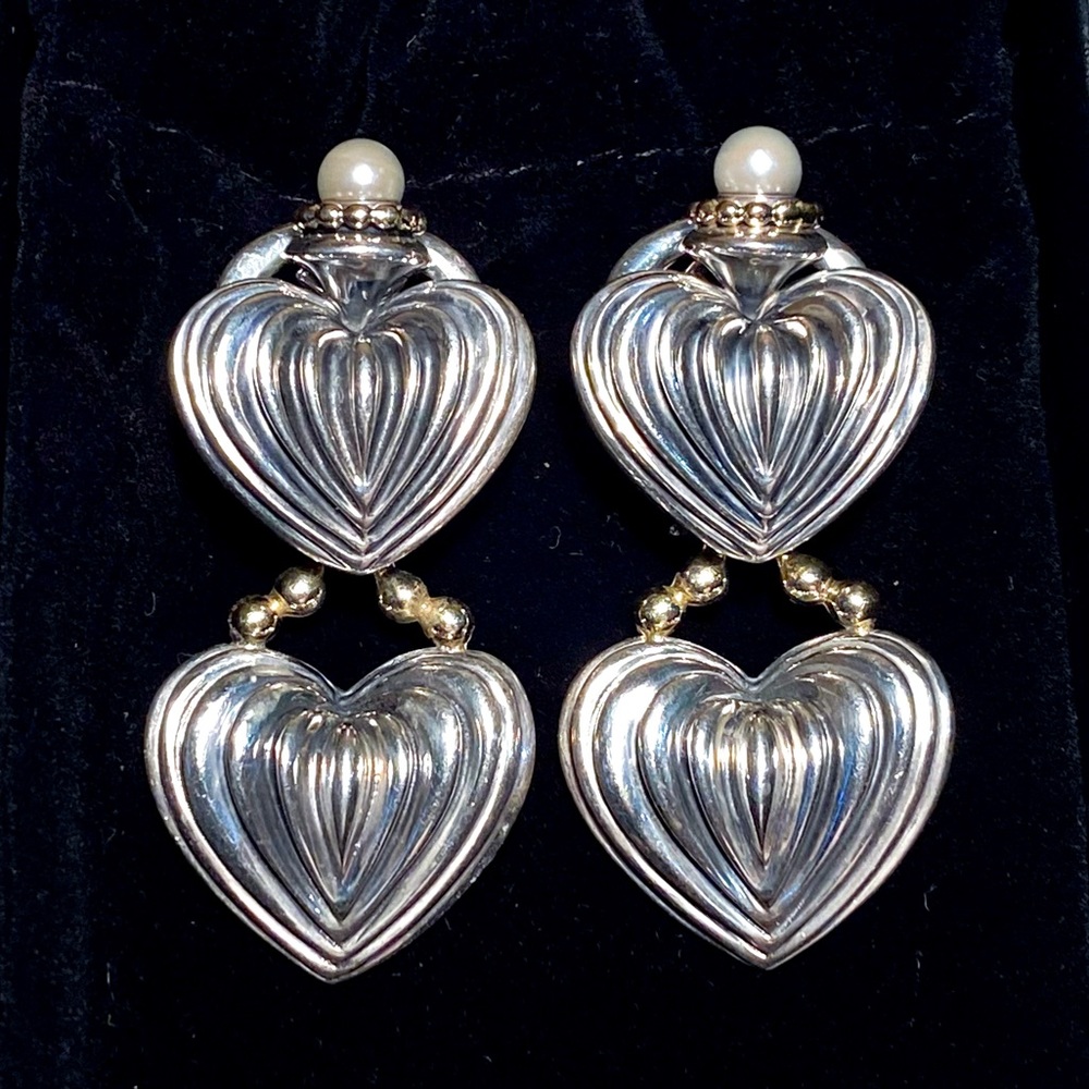 Lagos Caviar Fluted Heart 925 18K Gold & Pearl Earrings Convertible to Studs